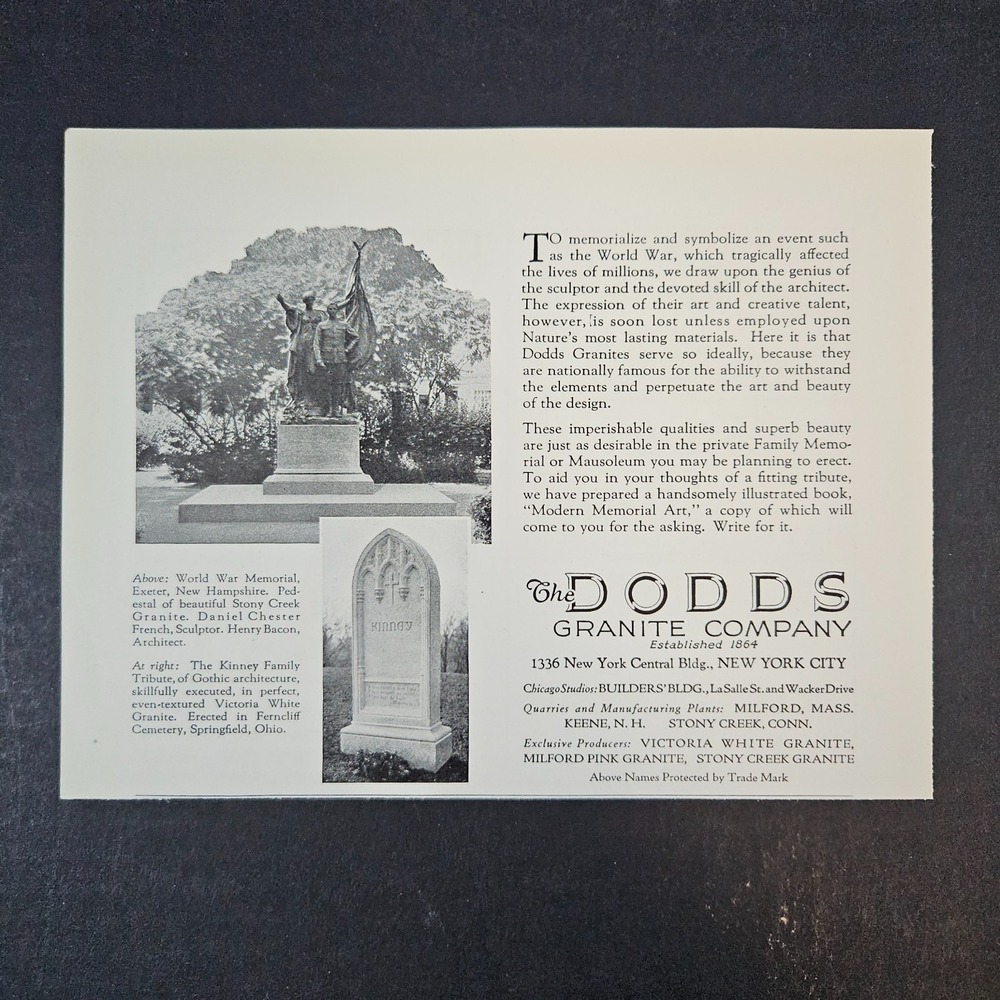 1930 Dodds Granite Company Vintage Print Ad War Memorials Grave Markers New York
